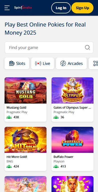 Spinstralia Casino mobile lobby Spinstralia mobile lobby with pokie tiles, game search and category buttons